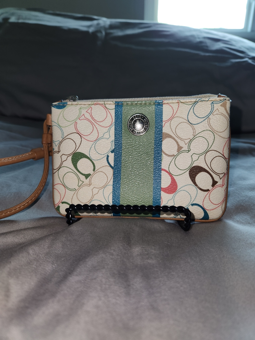 Coach Multicolor Signature Wristlet with Green and Blue Stripe